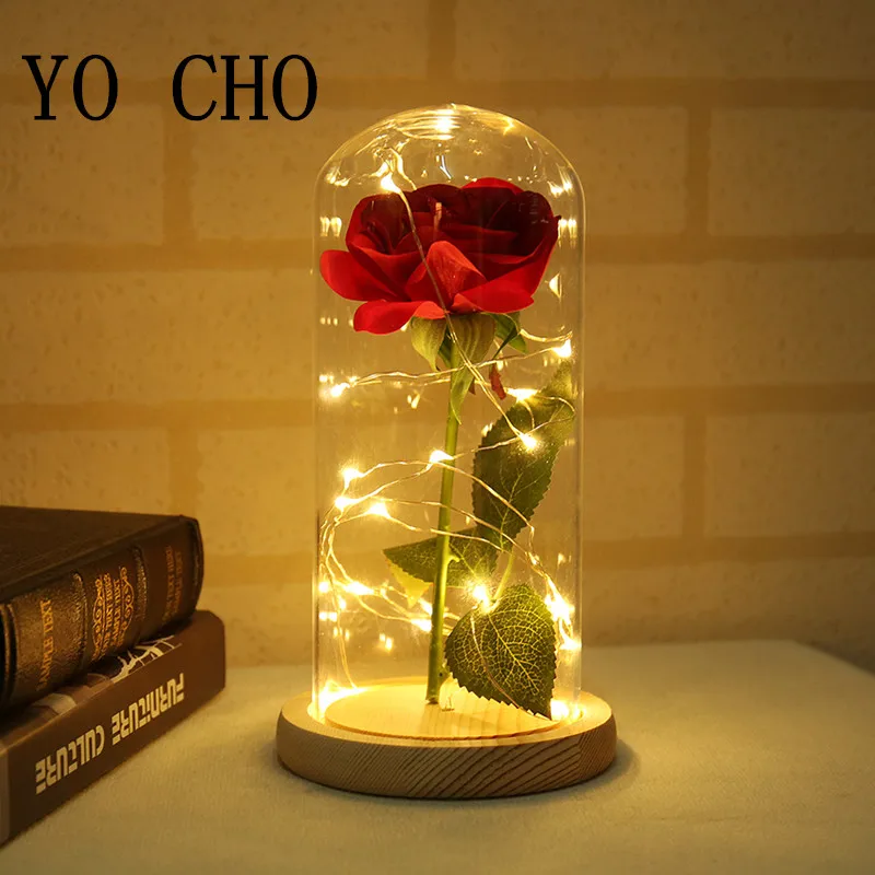 

YO CHO artificial flowers silk Red Rose In A Glass Dome On A Wooden Base LED Rose Lamps Valentine's Gifts fake flowers Christmas