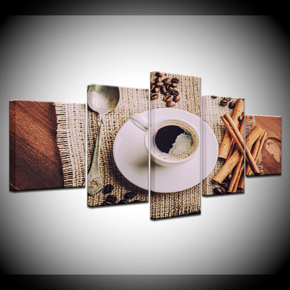 

Canvas HD Prints Pictures Home Decor Restaurant 5 Pieces Steaming Coffee Cup Coffee Bean Paintings Kitchen Wall Art Food Posters