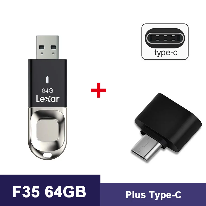 Lexar флеш-накопитель usb 3,0 64 Гб Распознавание отпечатков пальцев Флешка animado Memory stick F35 Флешка memoria cle usb диск на ключ - Цвет: F35-Plus-Type-C