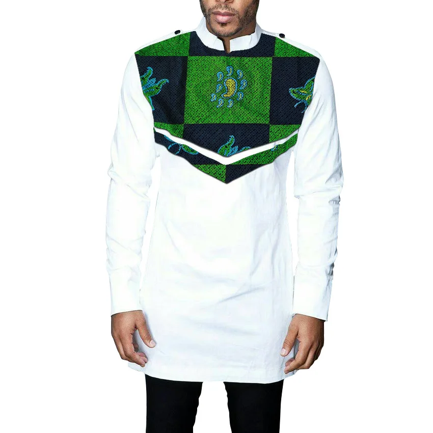 

African Print Men's Shirt Dashiki Ankara Clothes Fashion Print White Stand Collar Shirt Patchwork Male Long Sleeve Tops