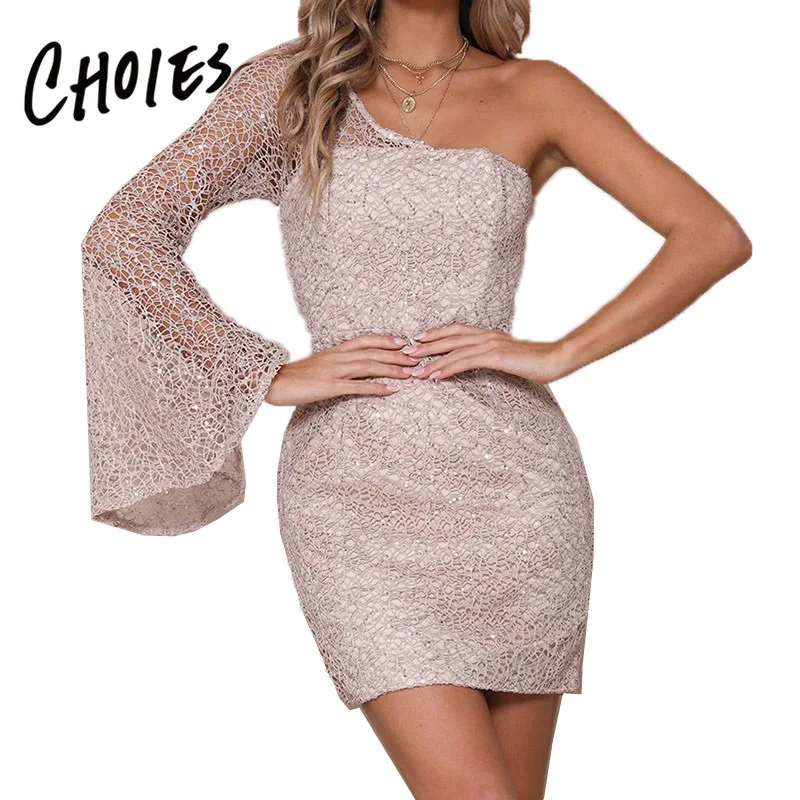 Розовый одно плечо с блестящими деталями расклешенными рукавами Для женщин