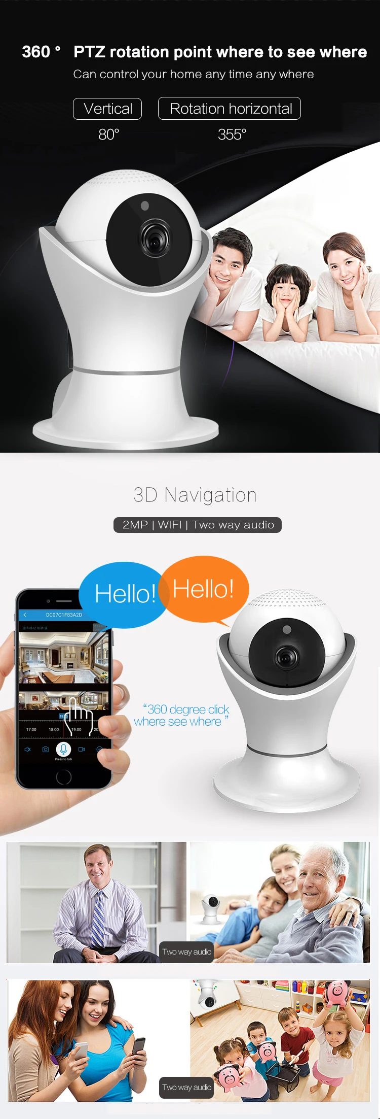 2MP 1080P Full HD wifi PTZ ip-камера 3D навигация 360 градусов камера безопасности Двусторонняя аудио ночная версия беспроводная камера видеонаблюдения