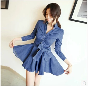 Женское джинсовое платье с поясом винтажное из денима длинным рукавом отложным