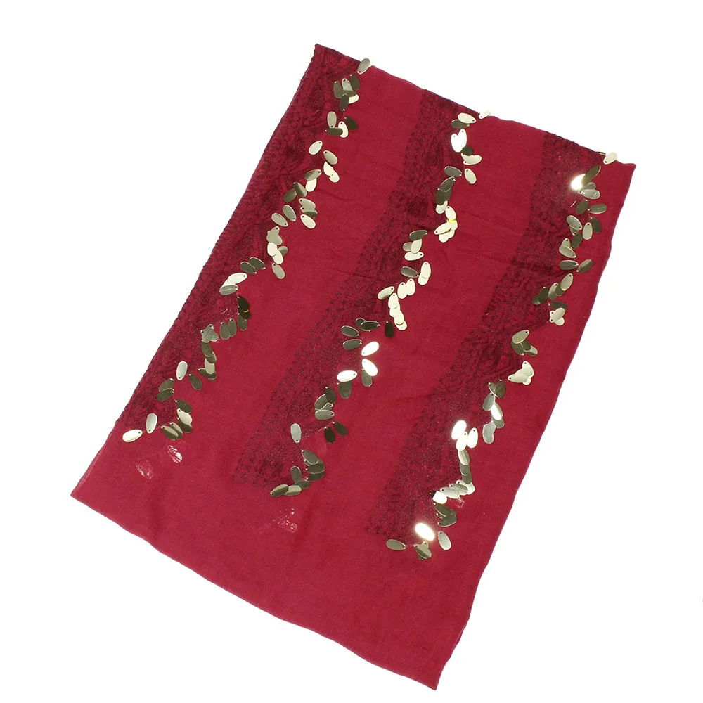 

Fashion Women Scarf New sequined in autumn and winter monochrome cotton and hemp embroidered lace Muslim scarf Arab headscarf