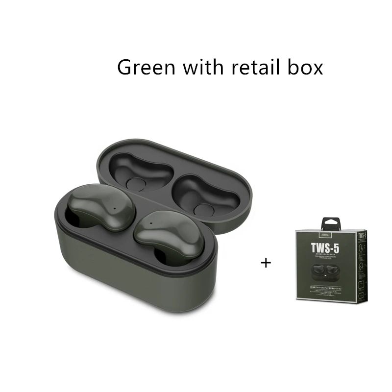 Remax TWS-5, беспроводные Bluetooth наушники, близнецы, наушники с зарядным устройством, Bluetooth 5,0, Smart Touch, 3D стерео - Цвет: green with retailbox