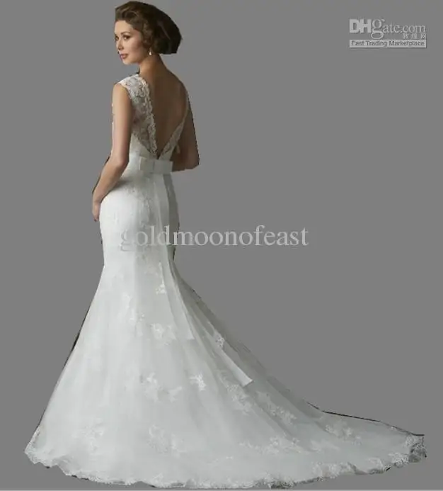 High Quality white/ivory sweetheart V-neck open back Mermaid gown evening bride wedding dresses with bow |