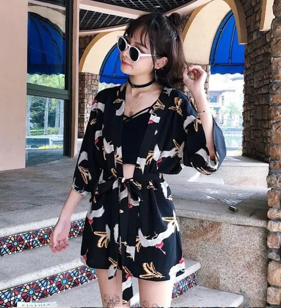 

Summer Japanese Kimono Chiffon shirt Women blouse Cardigan Half sleeve