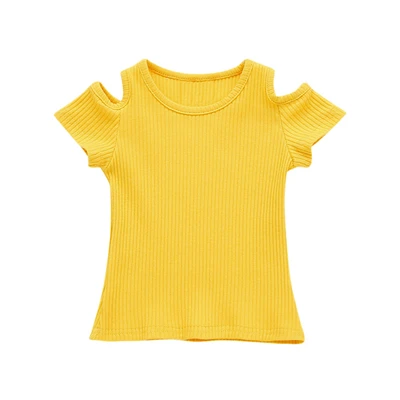 yellow Однотонная футболка для маленьких девочек летние модные мягкие топы с короткими рукавами и открытыми плечами для маленьких детей от 6 до 24 месяцев, A20 - Цвет: yellow