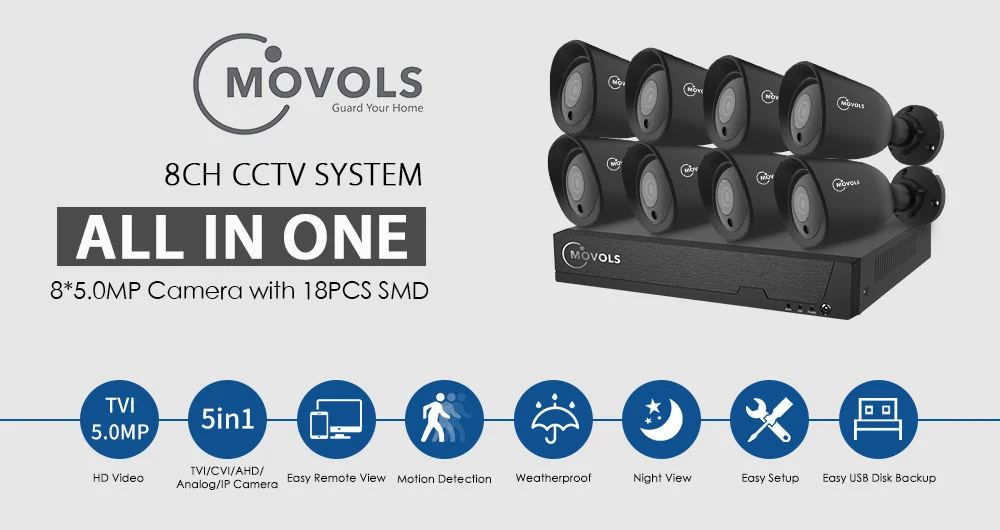 MOVOLS 5MP HD камера безопасности Система 8CH H.265 DVR для наружного и внутреннего видеонаблюдения Комплект ночного видения Водонепроницаемая система видеонаблюдения