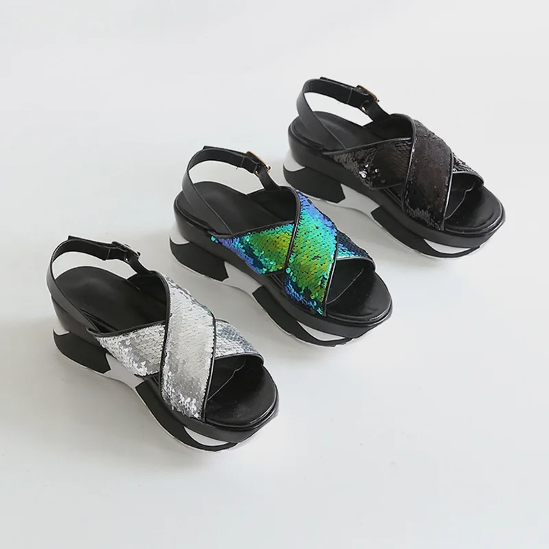 Блестящие туфли Женские летние сандалии на платформе chaussures femme Женская обувь