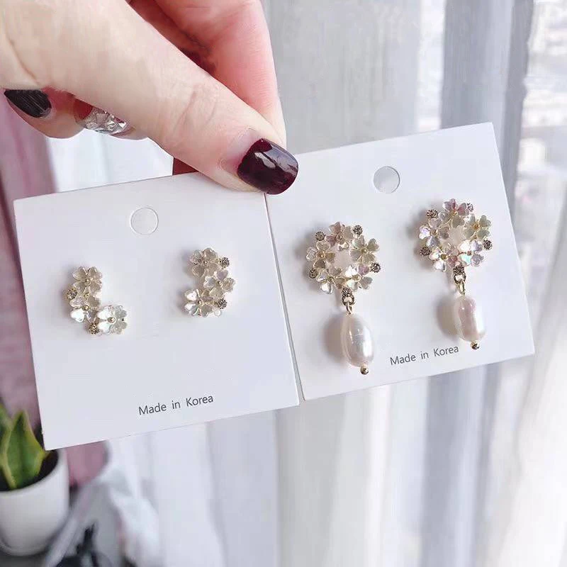 MENGJIQIAO 2019 Japan New Colorful Elegant Shell Flower Drop Earrings For Women Shiny Zircon Freshwater Pearl Pendientes Jewelry | Украшения