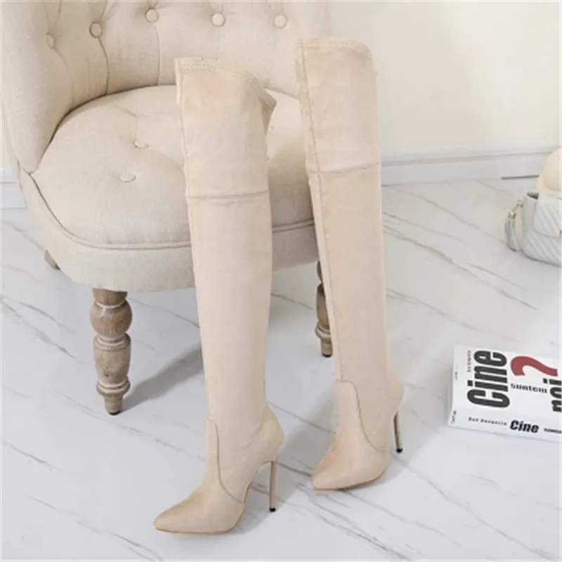 

MVP BOY Sexy Over The Knee High Women Boots Faux Suede Stretch Slim Boots Fashion 12 cm Heel Thigh High boots Shoes Woman 35-42
