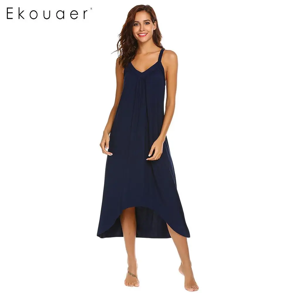 Navy Blue Ekouaer ночная рубашка женская ночная рубашка однотонное платье с неровным подолом Спагетти ремень свободное платье с v-образным вырезом ночная рубашка одежда для сна - Цвет: Navy Blue