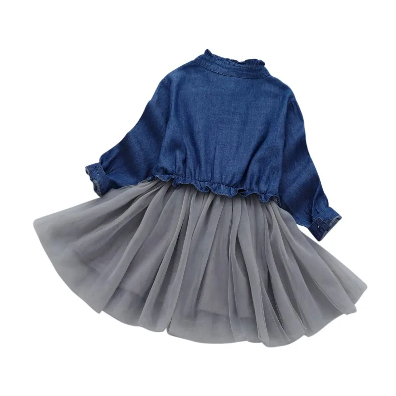 Full Sleeve Toddler Kids Dress Girl Spring Autumn Denim Mesh Patchwork Princess Comfortable For Dressing | Детская одежда и обувь