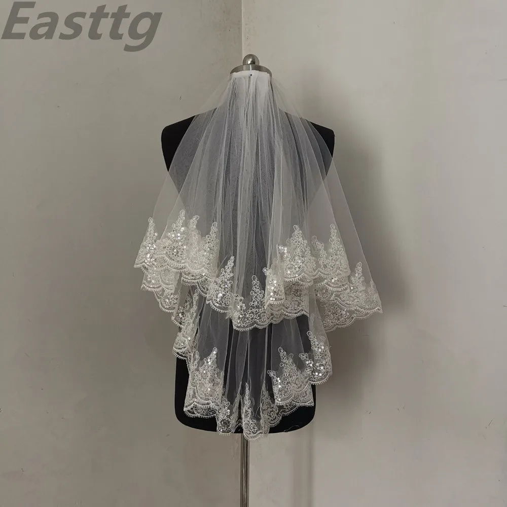 Easttg белая слоновая кость модная двухслойная свадебная вуаль тюлевые Свадебные вуали с гребнем Кружевной Край Свадебные аксессуары Veu de Noiva