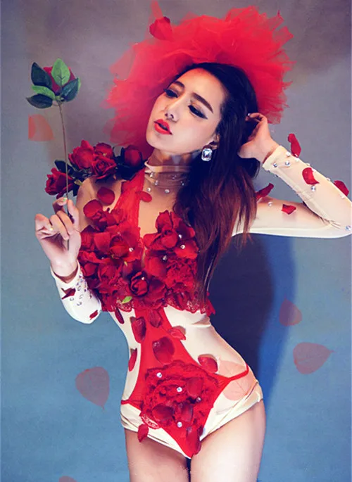 Боди с красными цветами розы сценические костюмы для бара ночного клуба Женский