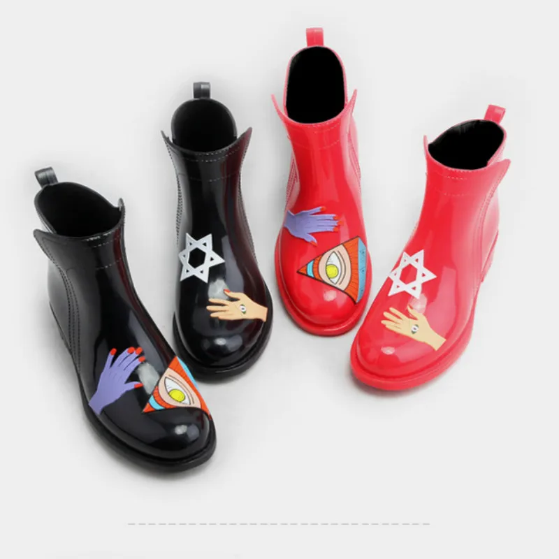 Черный/красный мода ручная роспись Slip on стрейч дождь загрузки Водонепроницаемый