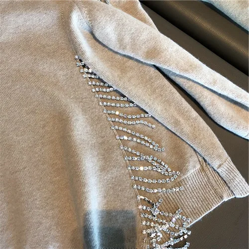 Cakucool Beading Chain Knit Tops Women Long Sleeve O-neck Sequined Slit Sweaters Shiny Jumpers Sweater Pullovers Female | Женская одежда