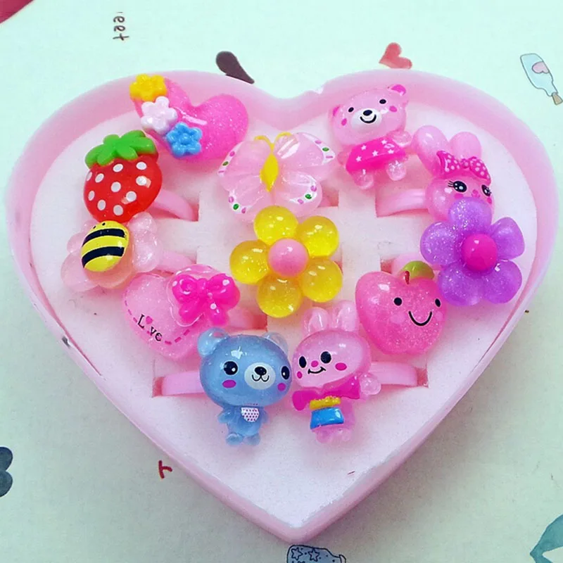 12pcs Children's Cartoon Rings Baby Kids for Girls Flower Animal Ring Set Mix Finger Jewery with Display Box | Украшения и