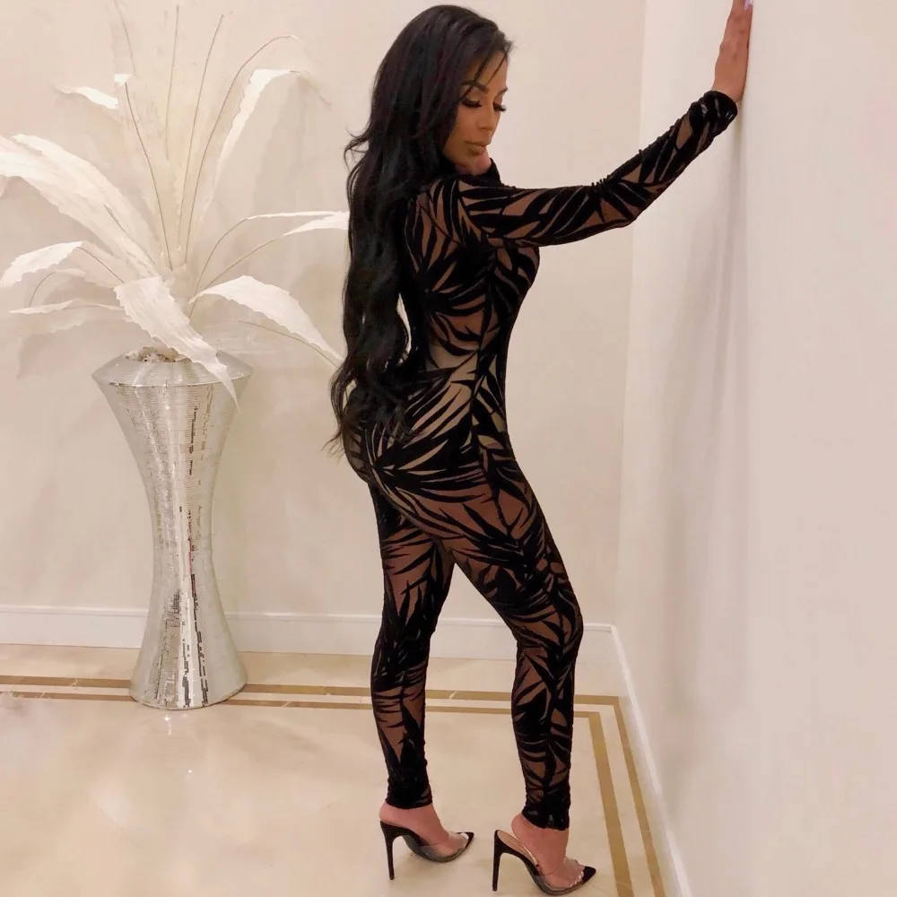Bamboo leaf Sheer Mesh See Through Комбинезон с круглым вырезом и длинными рукавами для женщин