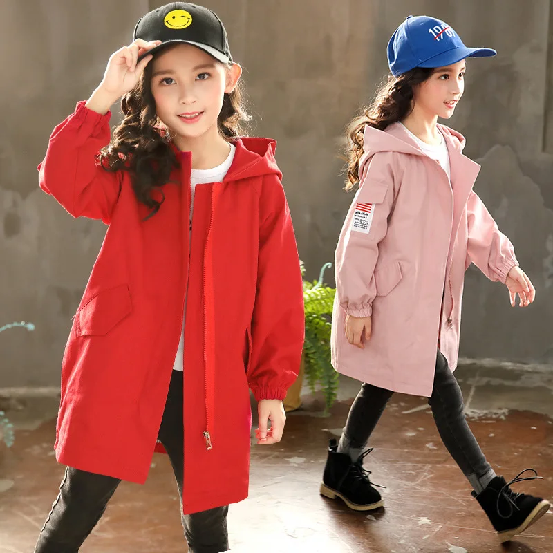 

Spring Autumn Casual Girls Trench Coat Hooded Children Windbreaker Long Sleeve with Pockets Kids Outerwear Clothing 4-14T Years