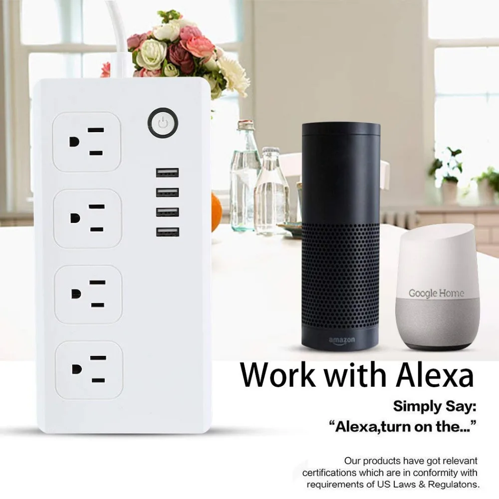 Умный удлинитель Wi Fi Alexa стабилизатор напряжения с 4 USB портами для зарядки и