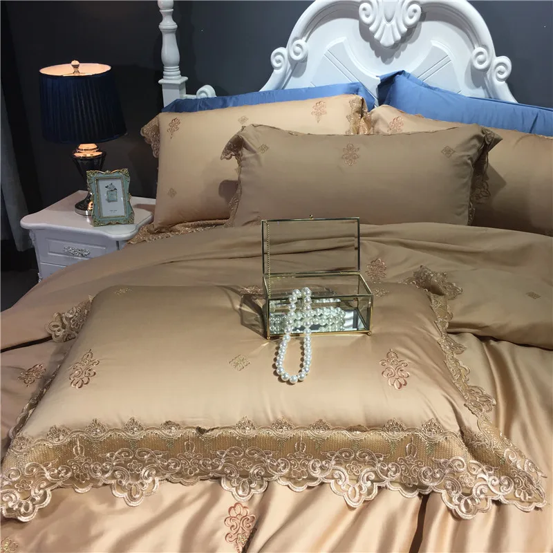 

Luxury Silky Egyptian Cotton Golden Bedding Set Queen King size Bed set Bedsheets set bedlinen Duvet quilt cover set 40