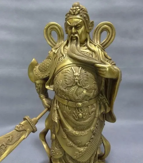 YM 321 14 &quotКитайский чистый латунный воин Летающий Меч дракона GuanGong Guan Yu статуя