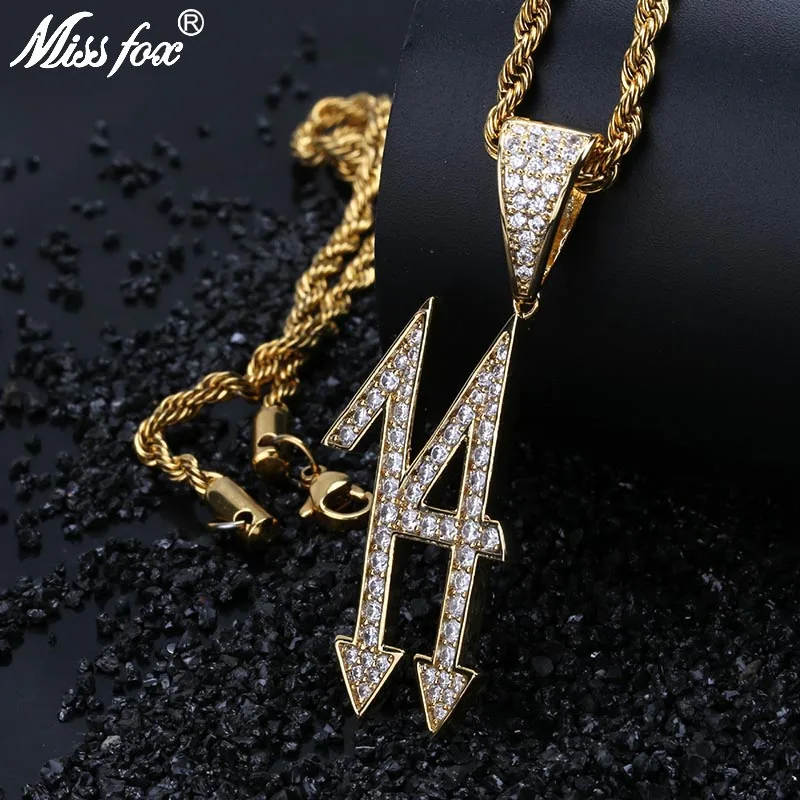 MISSFOX/хип хоп колье с надписью Lucky Number 14 и Men'S Name Позолоченное 3663 Льдом Из фианита