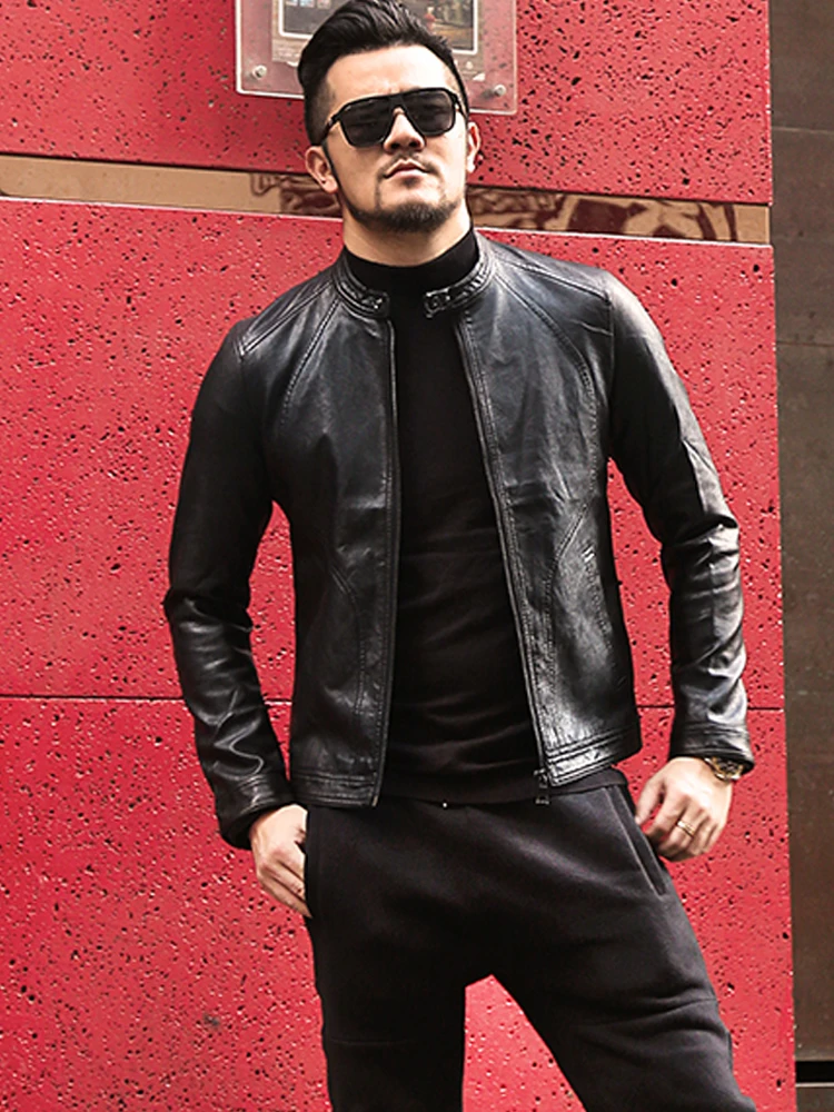 Men Autumn and Winter New Style Slim Brand Short Faux Leather Jacket Men's Retro Zipper Black Casual Solid | Мужская одежда