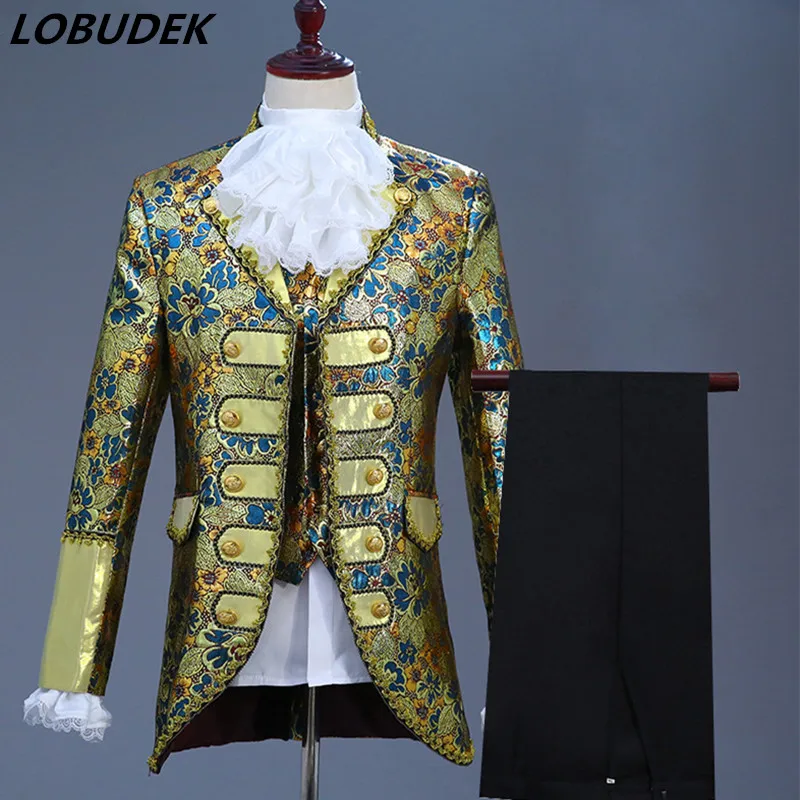 Five Colors European Style Men Court Dress Vintage 5 Pieces Suit Groom Wedding Clothing Drama Outfit Singer Chorus Formal Suits