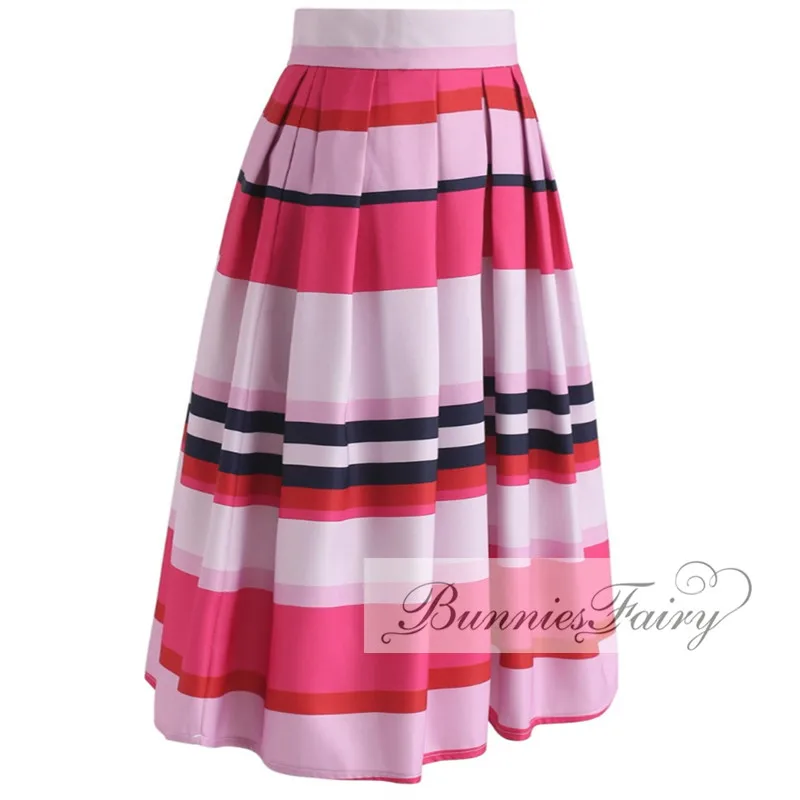 BunniesFairy Autumn Hepburn 1950s 60s Vintage Retro Stayin' Alive Colorful Pink Stripes Geometric Print Pleated Midi Skirt