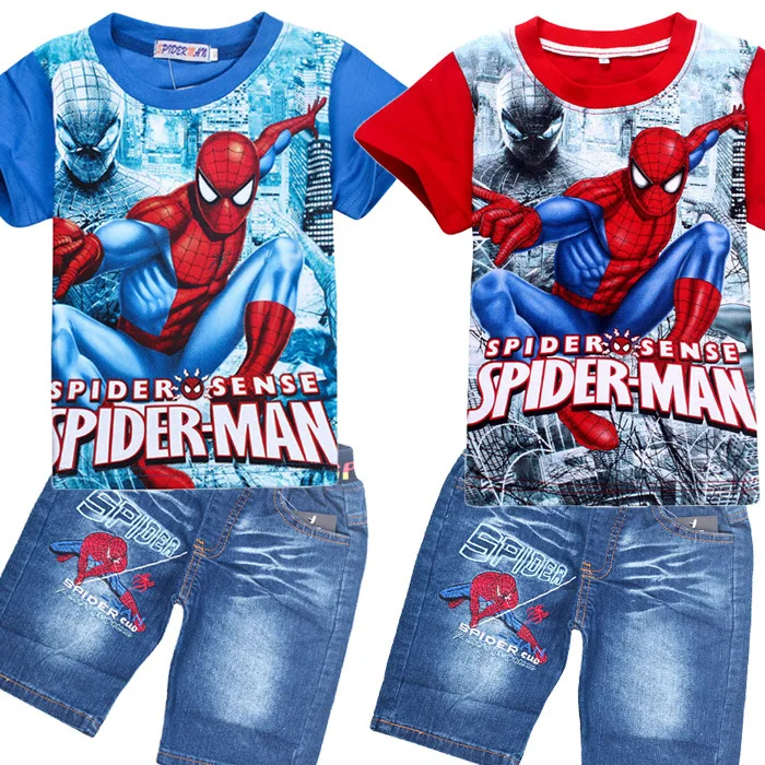 Children T-Shirt Spider-Man Cartoon suit with superman pattern Kids Shorts Tops Tees Summer Teenager Boys Batman cloth | Детская одежда