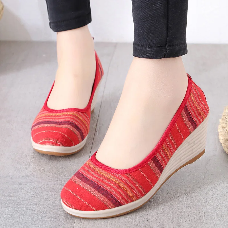 Весенне осенняя женская обувь на высокой танкетке Парусиновая в полоску без