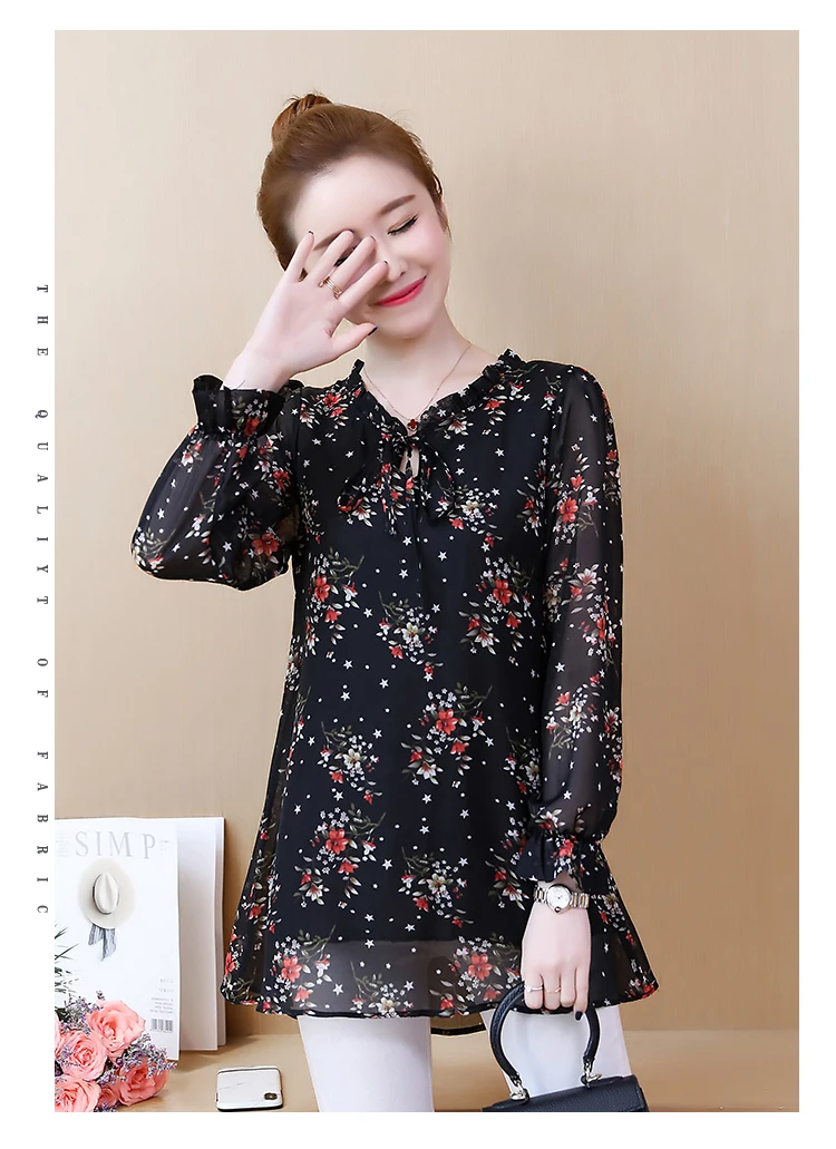 Blusas Mujer De Moda, кимоно, повседневная Цветочная шифоновая блузка, женские рубашки размера плюс 5XL, винтажный Топ с длинным рукавом, сорочка для женщин