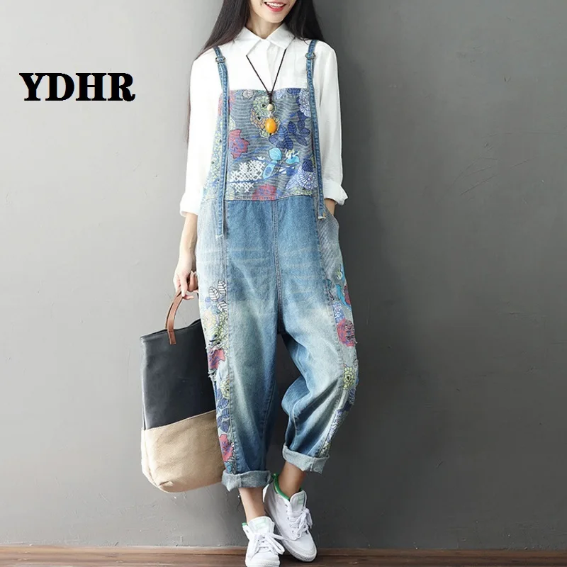 YDHR New Casual Denim Full Length Jumpsuits 2019 Summer Loose Patchwork Vintage Print 2 Colors Women y94 | Женская одежда
