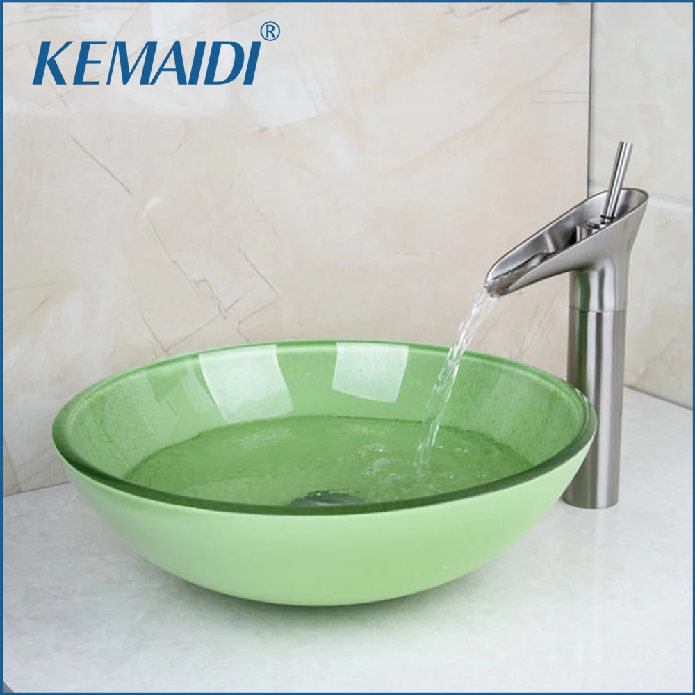 

KEMAIDI Green Round Tempered Glass Wash Basin Vessel Sink With Nickel Brushed Bathroom Faucet Glass Sink Set &Pop Up Drain