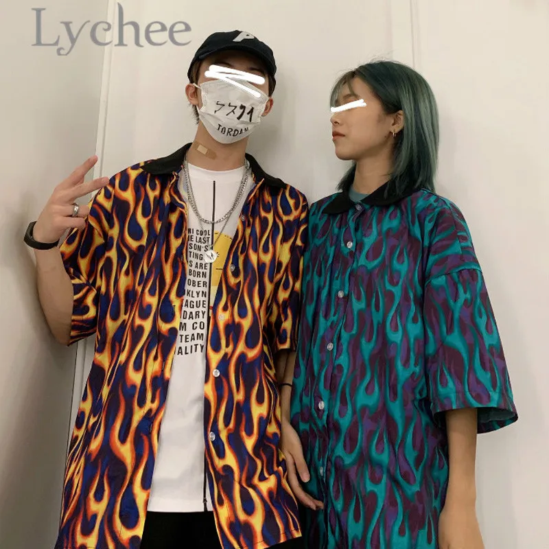Lychee уличная женская блузка с принтом пламени, летняя рубашка, короткий рукав, отложной воротник, хит цвета, свободная женская рубашка, блузка