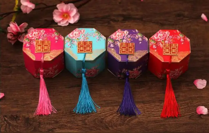 

500pcs/lot Double Happiness Vintage Chinese Style Paper Unique Sweetbox Wedding Favors Gifts Holders Sugar Candy Box