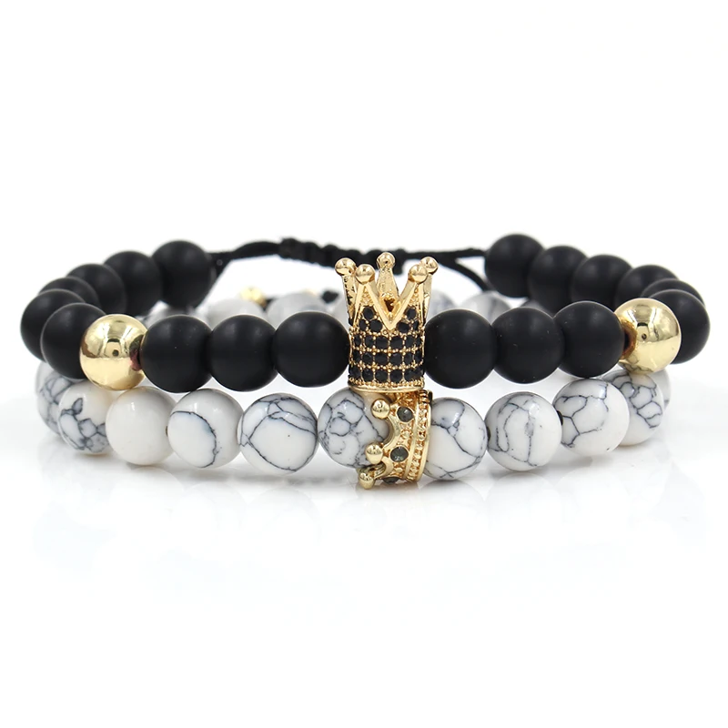 Комплект браслетов с шармами King Crown и черно белыми камнями для мужчин