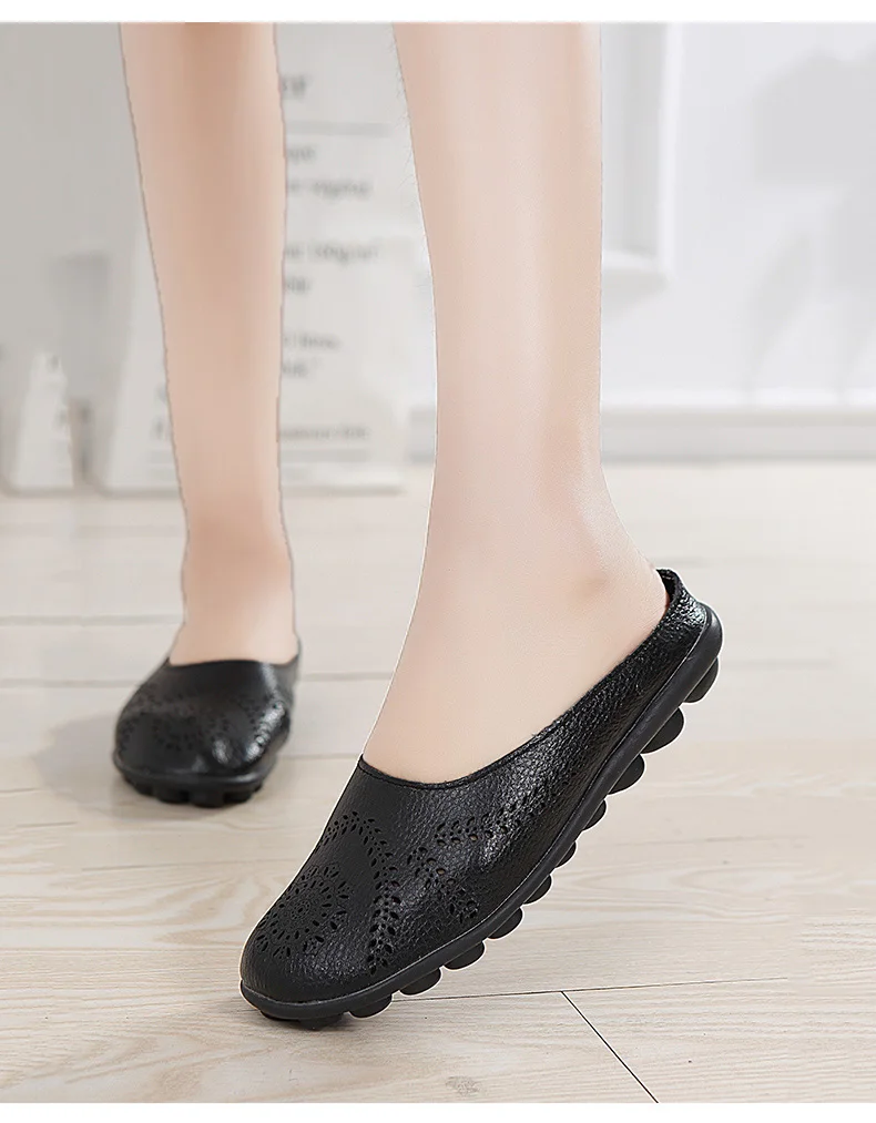 Women Flats Breathable Summer Genuine Leather Shoes Women Casual Slip On Loafers Plus Size 44 Mocassin Femme Nurse Flat Shoes