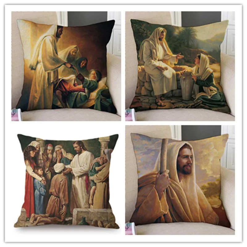 

Christian Art Jesus Christ Oil Painting Home Decorative Sofa Throw Pillow Cotton Linen Bible Story Illustration Cushion Cover