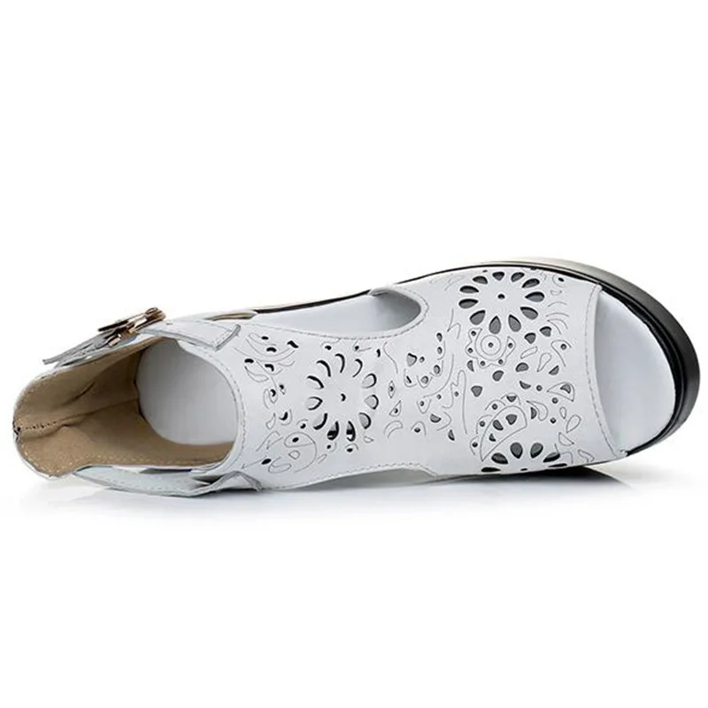 ZXRYXGS Brand Sandals Hollow Cow Leather Sandals Women Shoes Sandals Wedges high heels Summer Shoes Woman Fashion Sandals