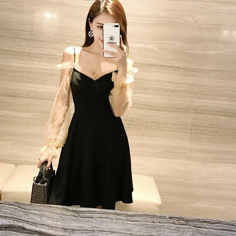 HAMALIEL Luxury Autumn Women Dress Runway Designer Mesh Patchwork Black Beading Ladies Sexy V Neck Long Flare Sleeve Party | Женская