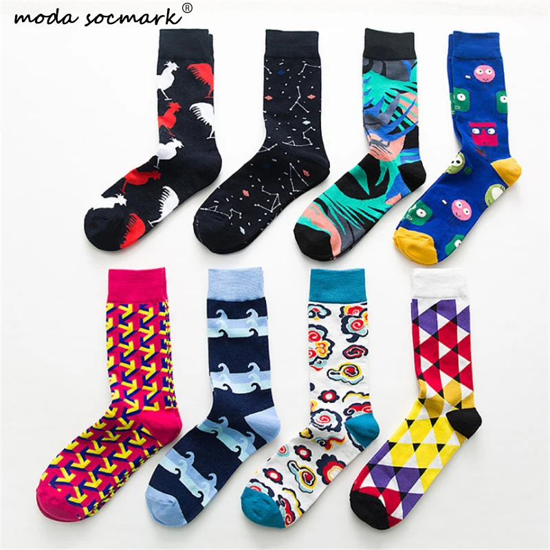 Moda sockmark модные красочные счастливые мужские носки мультфильм петуха облако