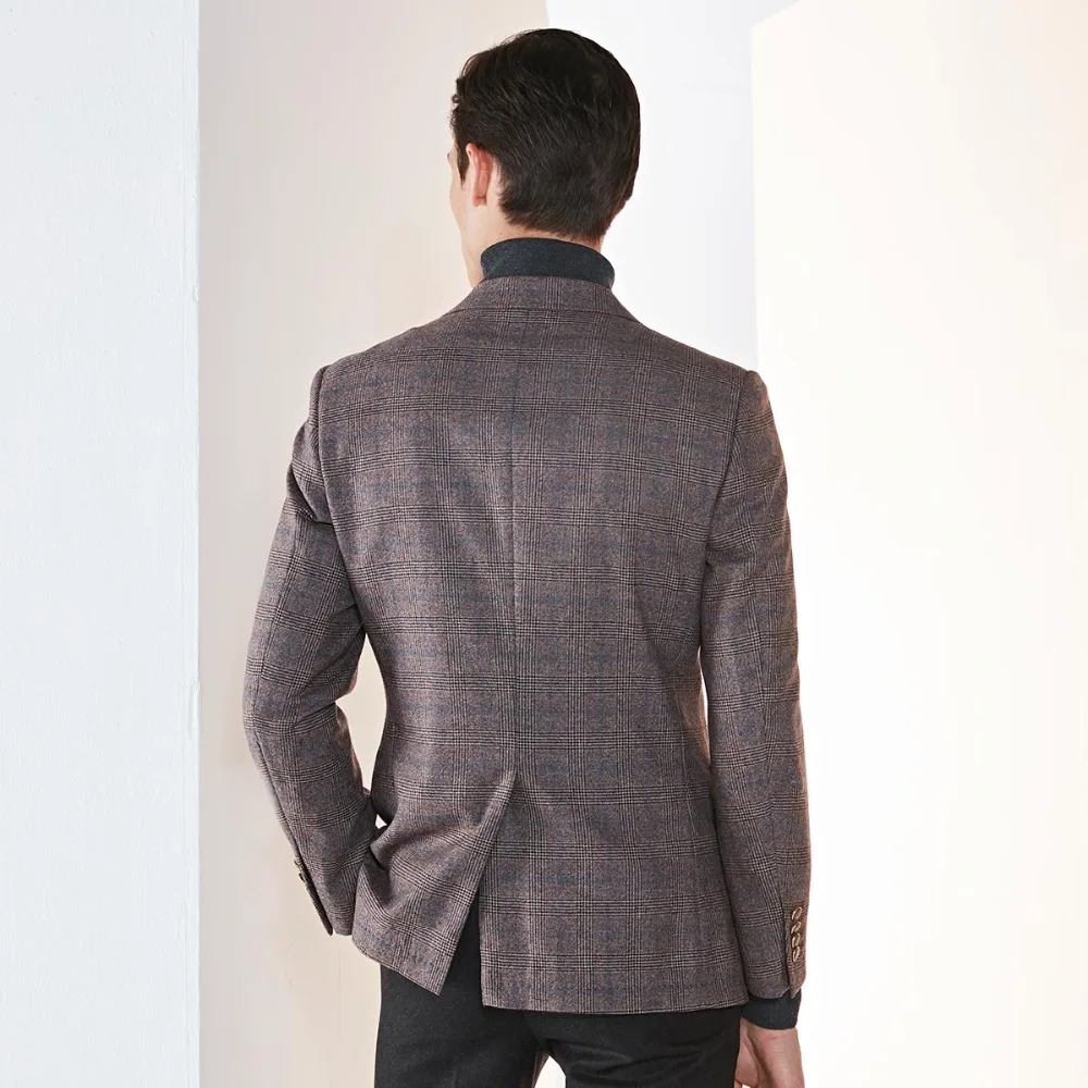 100% wool high quality blazer men brown plaid smart casual single breasted full sleeve mens clothes 2018 autumn winter warm wear | Мужская