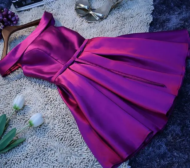 Vestido madrinha новые атласные платья подружки невесты с открытыми плечами и открытой спиной, золотое, королевское, голубое, фиолетовое, розовое, длина до колена, свадебные g - Цвет: Фиолетовый