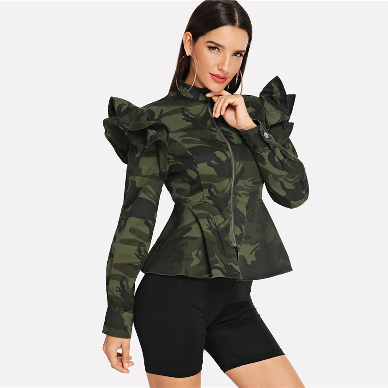 SHEIN Оригинальная Куртка С Оборками И Камуфляжный Принтом, Камуфляжная Верхняя Женская Одежда