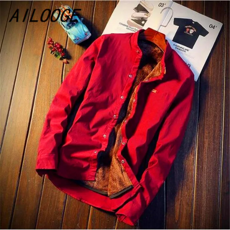 AILOOGE Мужская Зимняя Повседневная рубашка с воротником-стойкой, однотонный флис, Вельветовая шерсть, теплая рубашка, модные мужские рубашки с длинными рукавами, блузки - Цвет: 4