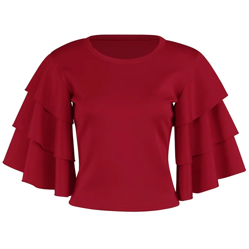 Women's O Neck Flare Ruffles Short Sleeve Sexy Night Club Shirt Crop Tee Top Streetwear Female | Женская одежда